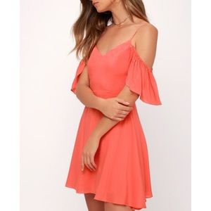 Lulu’s Off-the-Shoulder Dress, Coral Pink, Size M
